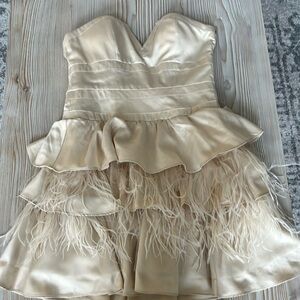 bebe Ivory Strapless mini feather Dress with Feather Trim